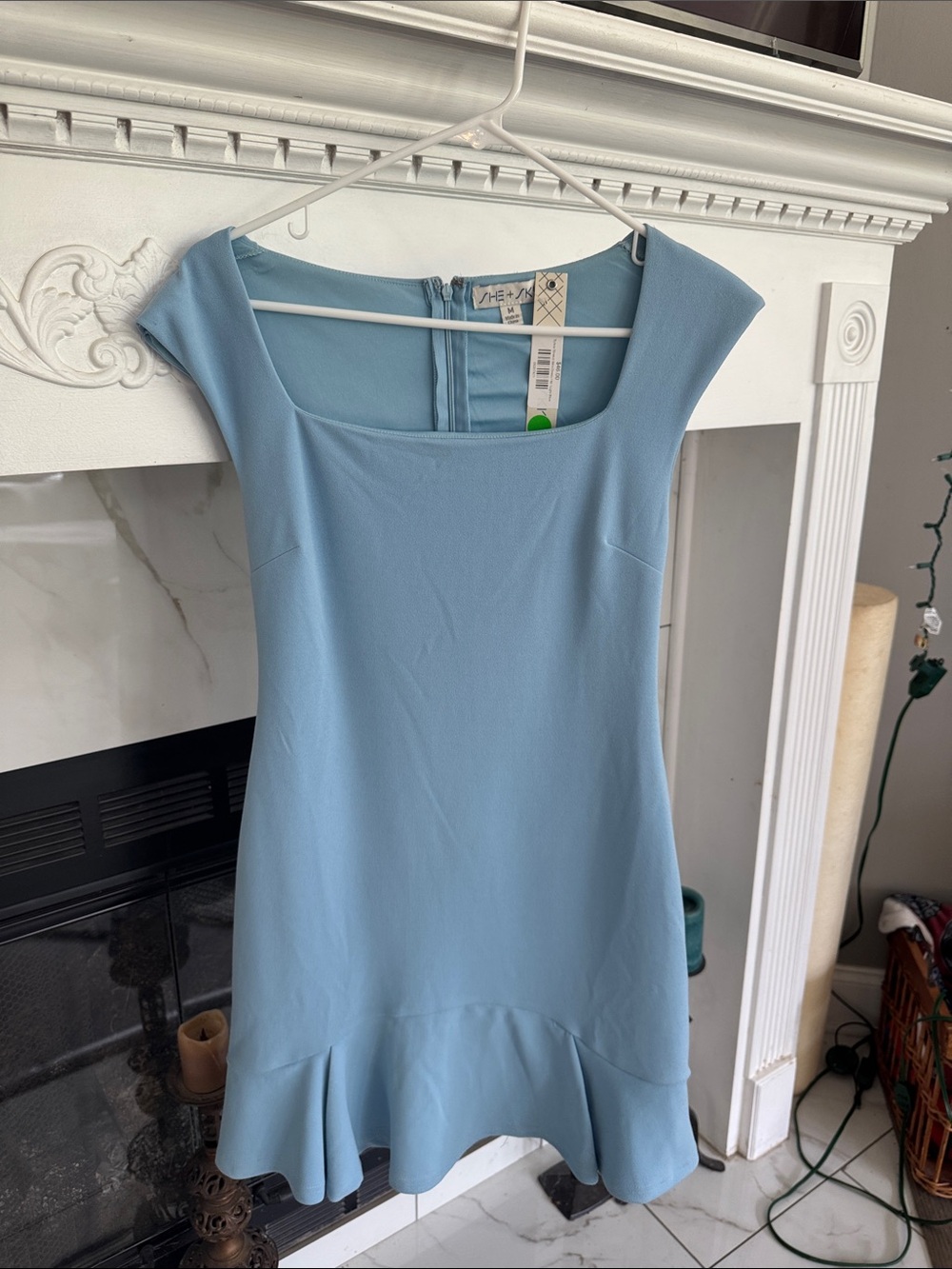 She + Sky Light Blue Cap-Sleeve Ruffle-Hem Mini Dress